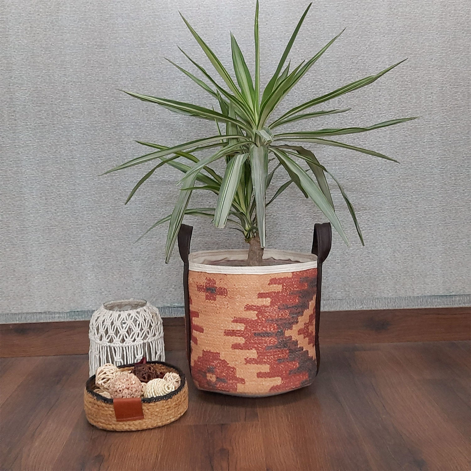 Avioni Home Hand Braided Ethnic Pattern Cotton Basket | Leatherette Handles | Canvas Inner for Extra Strength | Size: 28 x30 cms (~11—12 inch)