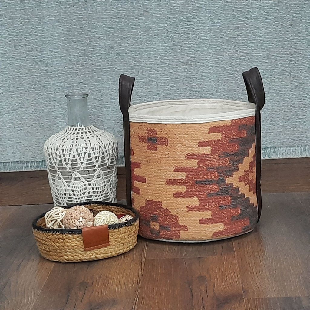 Avioni Home Hand Braided Ethnic Pattern Cotton Basket | Leatherette Handles | Canvas Inner for Extra Strength | Size: 28 x30 cms (~11—12 inch)