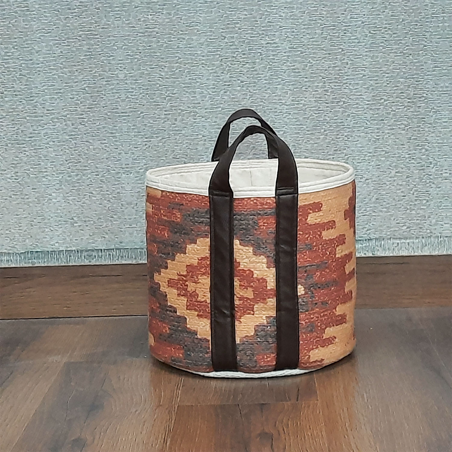 Avioni Home Hand Braided Ethnic Pattern Cotton Basket | Leatherette Handles | Canvas Inner for Extra Strength | Size: 28 x30 cms (~11—12 inch)