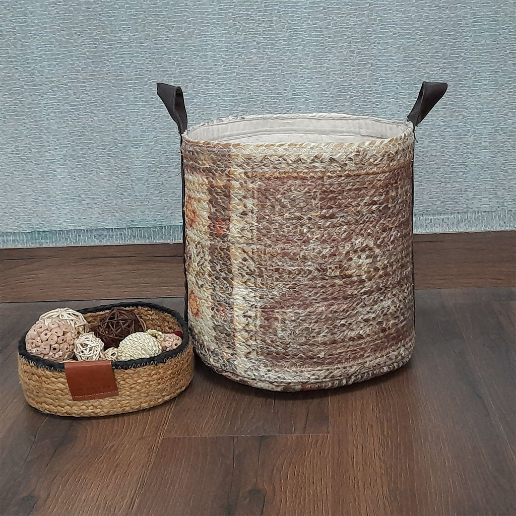 Avioni Home Hand Braided Ethnic Pattern Jute Basket | Leatherette Handles | Canvas Inner for Extra Strength | Size: 28 x30 cms (~11×12 inch)