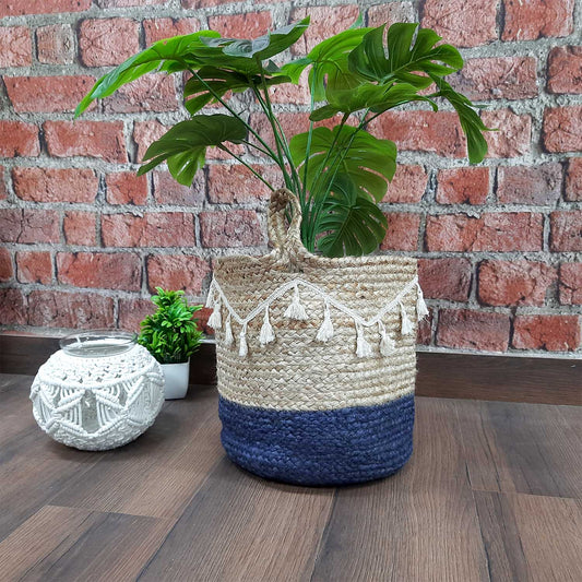 Avioni Home- Hand Braided Natural Jute Baskets With Blue And Whie Hand Decorated with Fringes Large Size- 10×10 inch (25×25 cms)