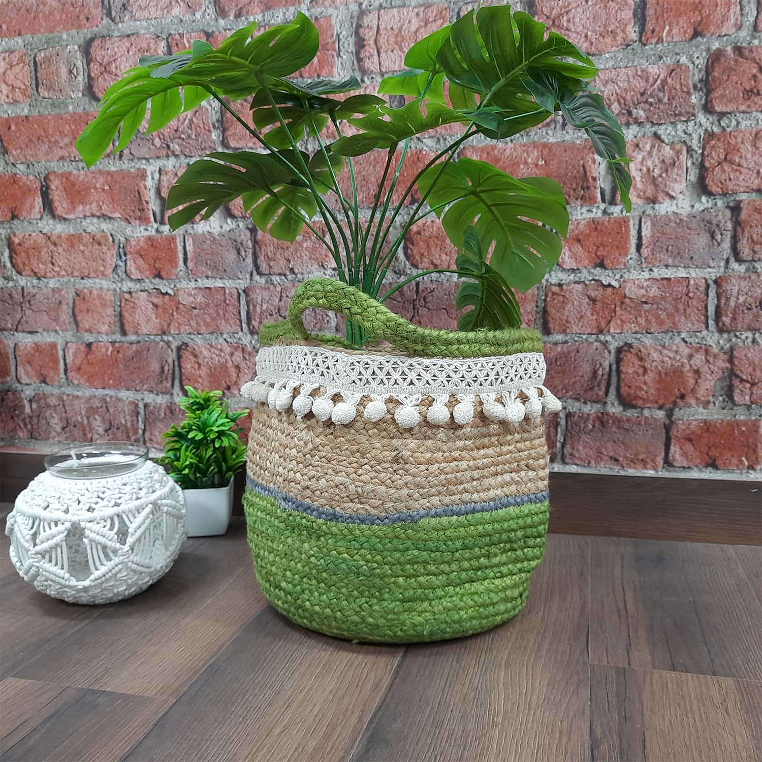 Avioni Home- Hand Braided Natural Jute Baskets With Green Hand Decorated with Fringes Large Size- 12×12 inch (31×31 cms)