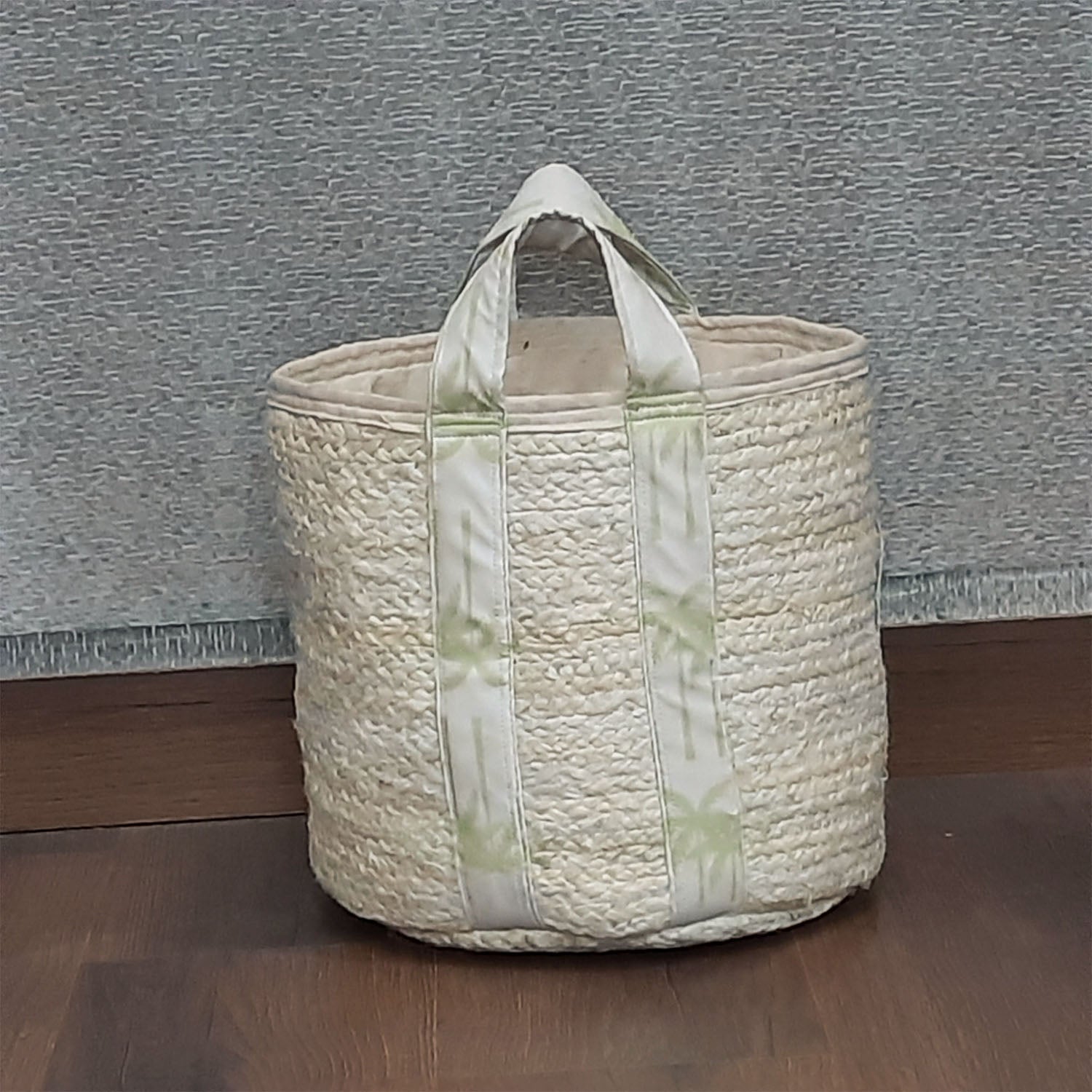 Avioni Home Hand Braided White Jute Basket | Designer Leatherette Handles | Canvas Inner for Extra Strength | Size: 28 x30 cms (~11×12 inch)