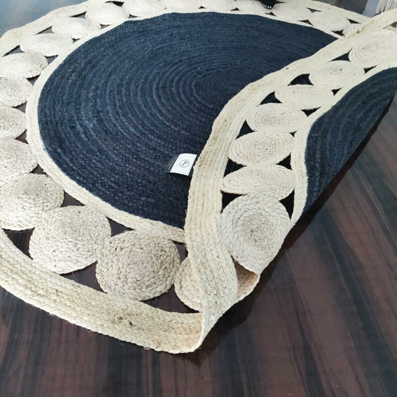 Jute Mat – Natural Rugs – Braided Area Rug – Grey With Jute Border – Handmade & Unbleached – 150cm (~5 feet) Round- Avioni Premium Eco Collection-XXL SIZE