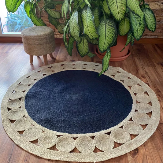 Jute Mat – Natural Rugs – Braided Area Rug – Grey With Jute Border – Handmade & Unbleached – 150cm (~5 feet) Round- Avioni Premium Eco Collection-XXL SIZE
