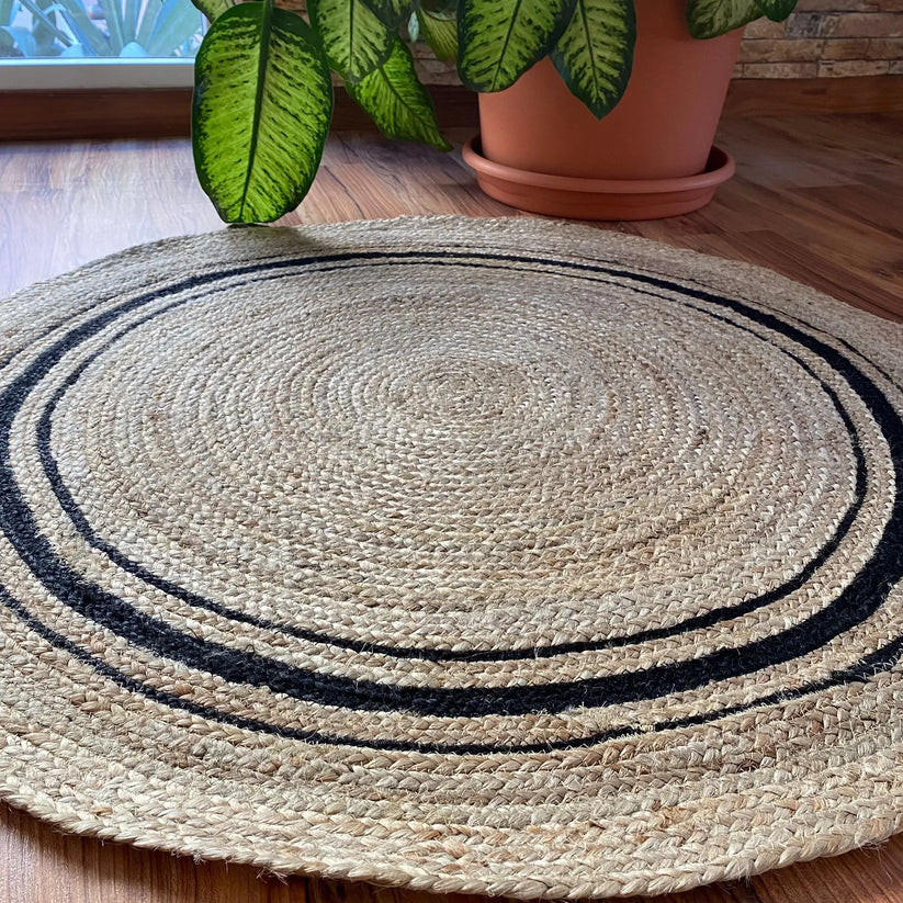 Avioni Natural Jute With Black Border Braided Carpet Eco Friendly-Multicolour Boho Collection-Multiple Sizes
