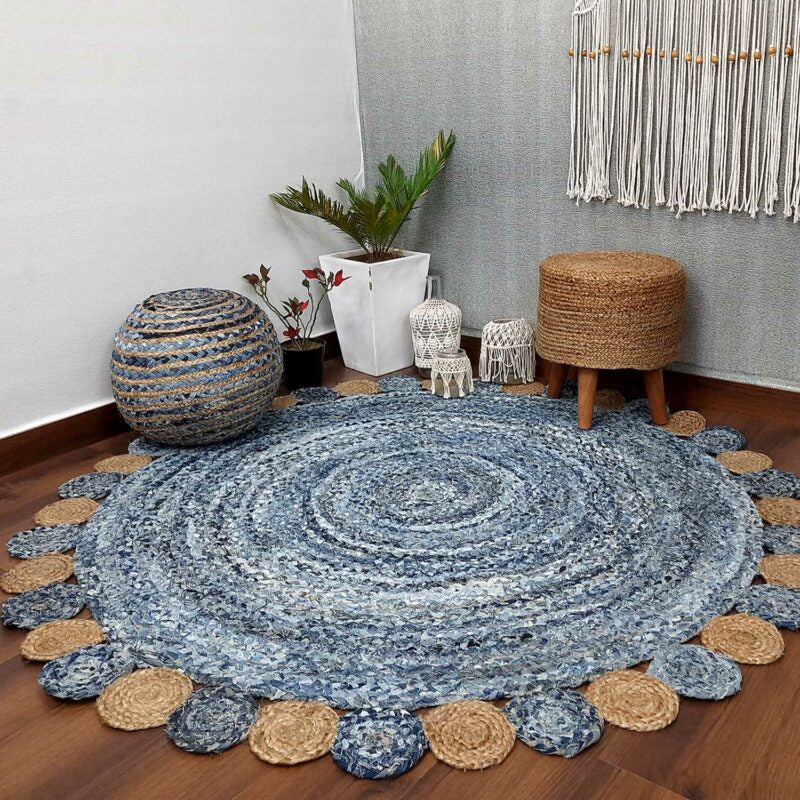 Avioni Home Contemporary Collection -Handmade Jeans With Jute Round Tikki – Multiple Sizes