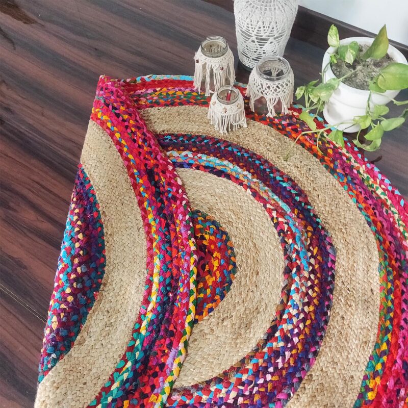 Braided Rug in Ecofriendly Recycled Cotton Chindi and Jute – Colorful Contemporary Design – 4 feet Round (122 cms Diameter)- Avioni Premium Eco Collection