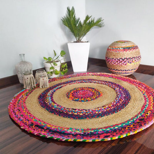 Braided Rug in Ecofriendly Recycled Cotton Chindi and Jute – Colorful Contemporary Design – 4 feet Round (122 cms Diameter)- Avioni Premium Eco Collection