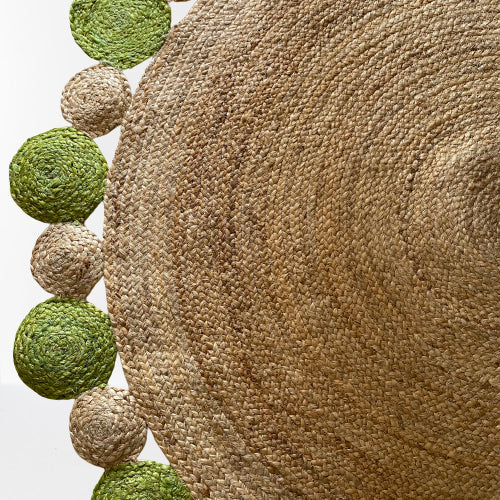 Jute Mat – Natural Rugs – Braided Area Rug – Green Border – Handmade & Unbleached – 150 cm (~5 feet) Round – Avioni Premium Eco Collection