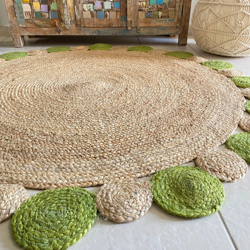 Jute Mat – Natural Rugs – Braided Area Rug – Green Border – Handmade & Unbleached – 150 cm (~5 feet) Round – Avioni Premium Eco Collection
