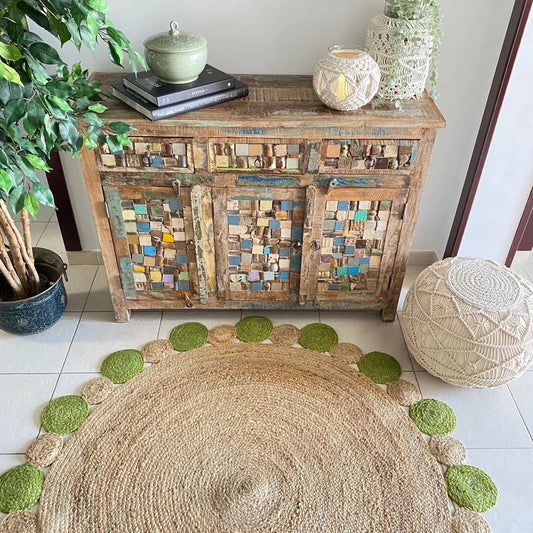 Jute Mat – Natural Rugs – Braided Area Rug – Green Border – Handmade & Unbleached – 150 cm (~5 feet) Round – Avioni Premium Eco Collection