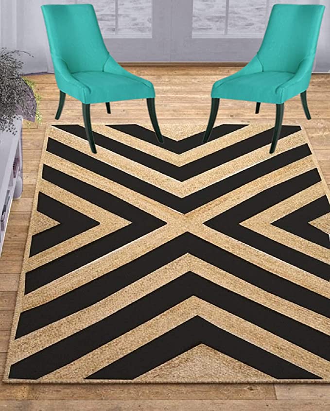 Jute (Natural and Dyed Jute) Handmade Braided Rugs | Natural & Black Cross LinesJute Area Rug | Avioni- Premium Collection