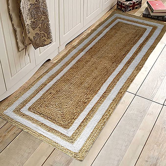Jute (Natural and Bleached Jute) Handmade Braided Rugs | Natural & White Double Border Jute Area Rug | Avioni- Premium Collection