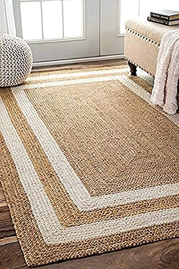 Jute (Natural and Bleached Jute) Handmade Braided Rugs | Natural & White Double Border Jute Area Rug | Avioni- Premium Collection