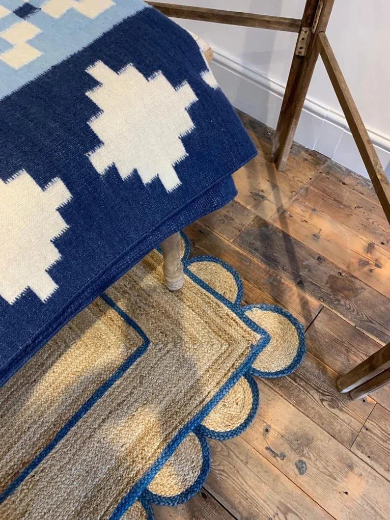 Jute (Natural and Dyed Jute) Handmade Braided Rugs | Natural & Blue Scalloped Area Rug | Avioni- Premium Collection