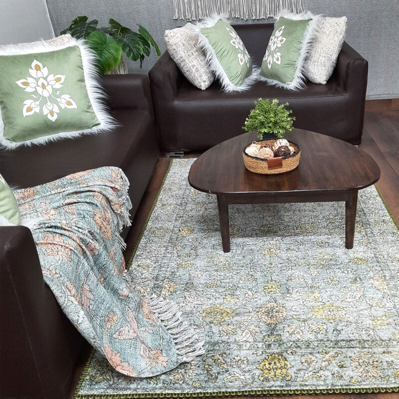 Avioni Faux Silk Rug for Living Room | Luxurious Abstract Persian Design | Durable and Washable | Calming Green Collection