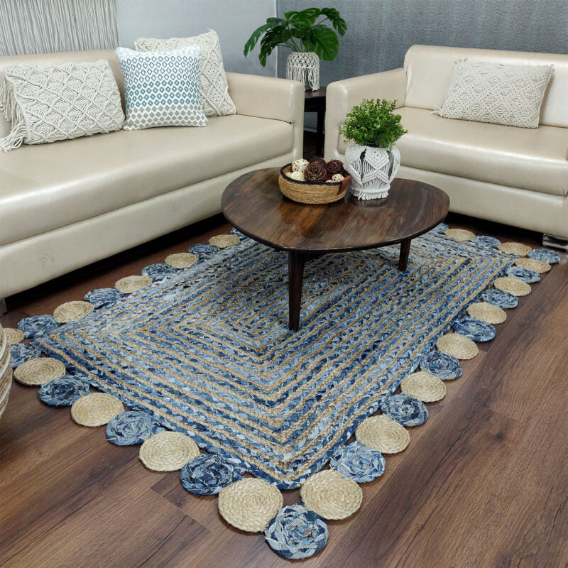 Denim/Jeans With Jute Handmade Braided Rugs with Round Circles Border | Blue Denim Area Rug| Avioni- Premium Collection