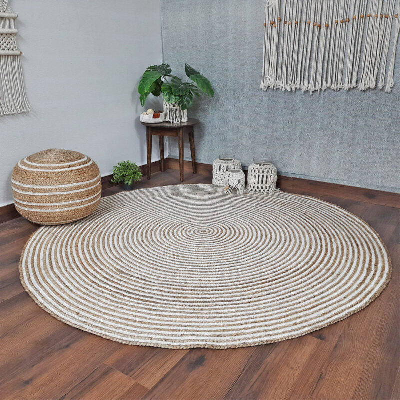 Avioni Braided Natural Jute and Cotton Ecofriendly Carpet Round-Boho Collection-Multiple Sizes