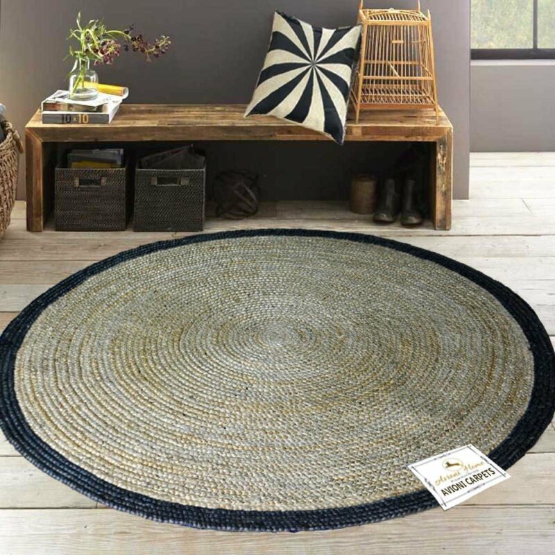 Jute Mat – Natural Rugs – Braided Area Rug – Black Border – Handmade & Unbleached – 150cm (~5feet) Round – Avioni Premium Eco Collection