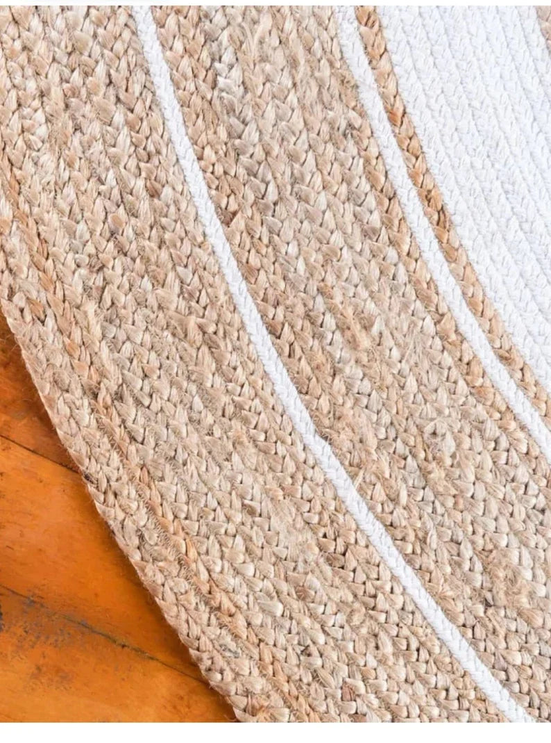 Jute (Natural and Bleached Jute) Handmade Braided Oval Shaped Rugs | Natural & White Double Border Jute Area Rug | Avioni- Premium Collection