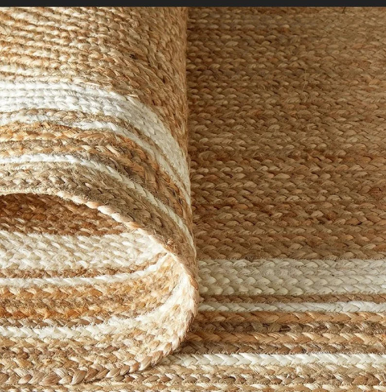 Jute (Natural and Bleached Jute) Handmade Braided Oval Shaped Rugs | Natural & White Double Border Jute Area Rug | Avioni- Premium Collection